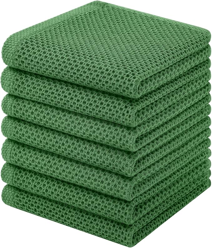 Homaxy 100% Cotton Waffle Weave Kitchen Dish Cloths, 7-Pack Ultra Soft Absorbent Dish Towels, Quick Drying Dish Rags, 12 x 12 Inches, Grass Green