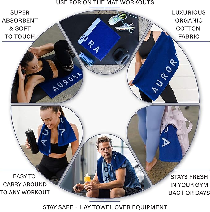 Blue Organic Cotton Gym Towel for Men and Women - Silver Infused Sweat Towels for Gym, 500 GSM, 31.5"x15.75" - Soft Absorbent Workout Towels for Yoga and Sports, Exercise Towel