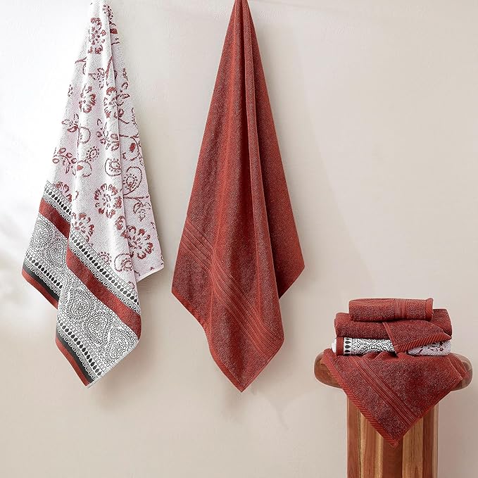 Modern Threads Floral Trail 6-Piece 100% Cotton Towel Set – Reversible Yarn Dyed Jacquard – Includes 2 Bath Towels, 2 Hand Towels, 2 Washcloths – Absorbent, Quick Dry, Soft & Durable – Rust Orange
