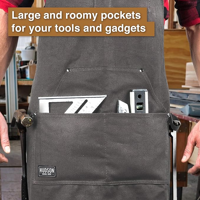 Hudson Durable Goods Deluxe Edition Waxed Canvas Tool Apron for Men and Women, Heavy Duty Work Apron with Pockets for Tools, Adjustable Crossback Straps - Grey