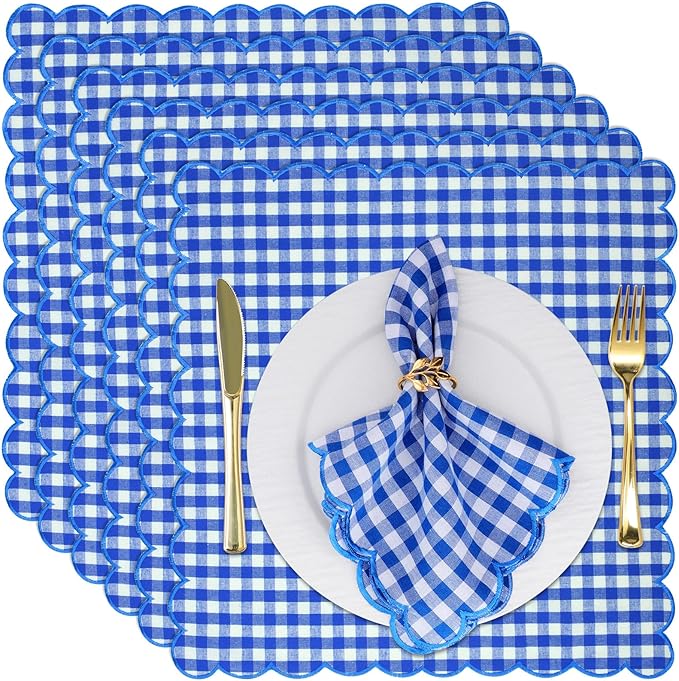 SmoothNovelty 12 Pack Buffalo Plaid Cloth Napkins 18x18 Inch Spring Checkered Cloth Napkins Scalloped Soft Cotton Table Mat Washable Reusable for Dinner Wedding Birthday Parties (Classic,Navy Blue)