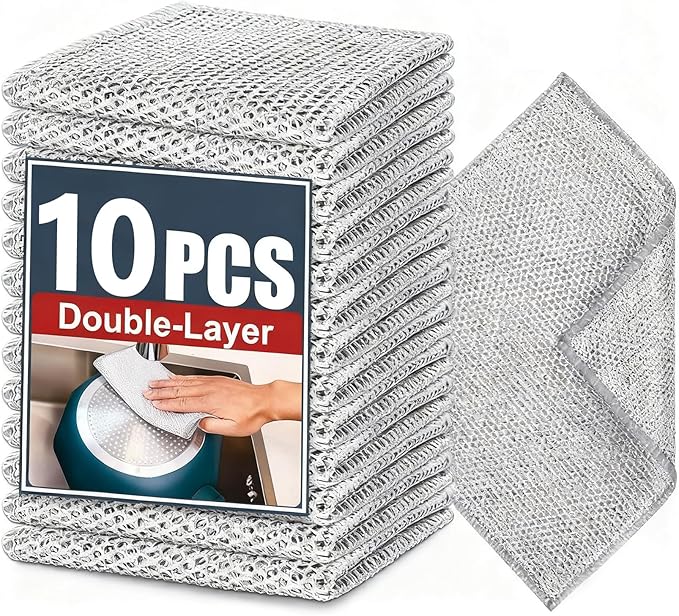 Double-Layer Steel Wire Cleaning Cloth - Non-Scratch Wire Dishcloth Rag Heavy Duty Scrub Pads Multi-Purpose Silver Mesh Scouring Pads for Dishes, Pots, Pans (10 pcs)