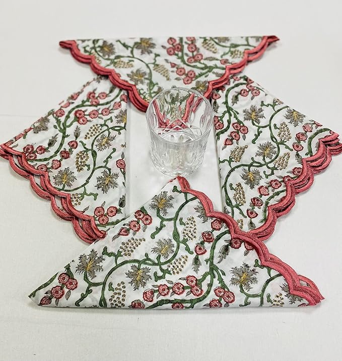 Ridhi Hand Block Print Coral Pink 18" x 18" (Set of 4) Embroidery Table Napkins Reusable Cotton Dinner Napkins for Weddings, Parties, Everyday Dining Gift for Spring, Easter, Valentine