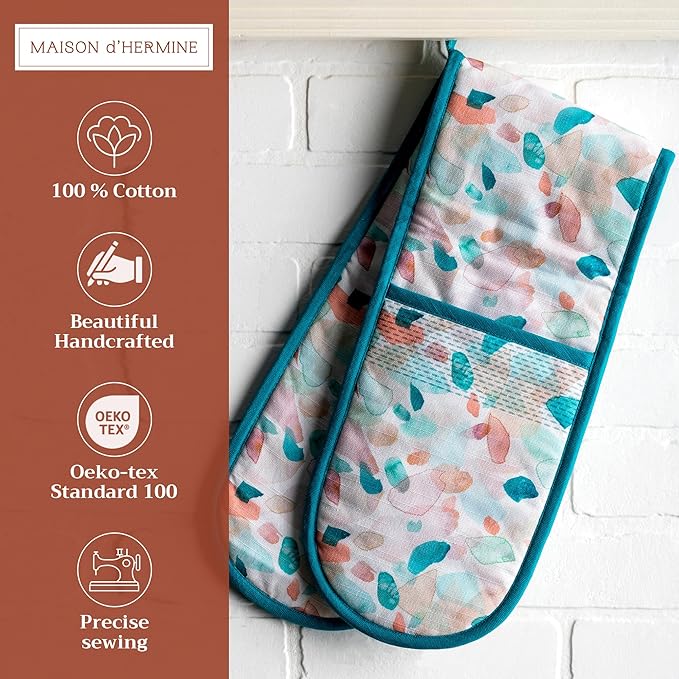 Maison d' Hermine Double Oven Mitts 100% Cotton 7"x35" Double Oven Mitt Heat Resistant BBQ Cooking Gloves with Loop Baking Grilling Gifts for Mothers Day Spring Summer (Summer Picnic)
