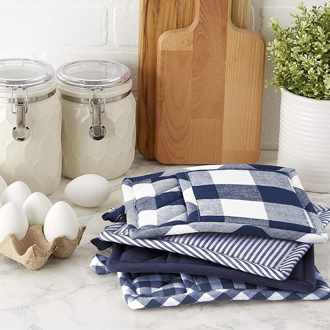 DII Gingham Check Kitchen Collection, Navy, Potholder Set
