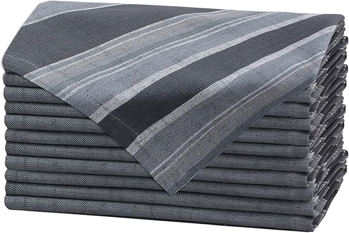 COTTON CRAFT Cloth Napkin - Set of 12 Pure Cotton Slub Woven Dinner Napkins - Thick Durable Absorbent Washable Reusable Napkin - Everyday Lunch Brunch Party Holiday Table Gift - 18x18 - Grey Stripe