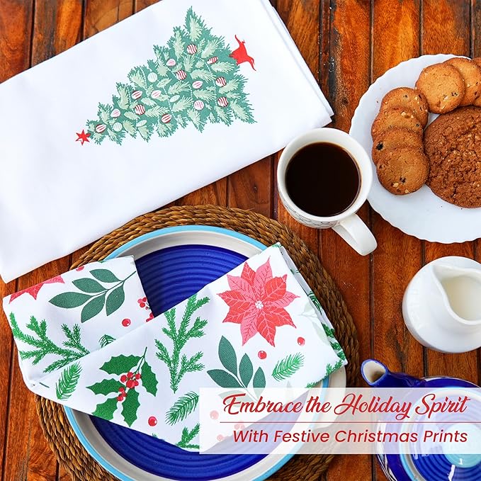 The Fine Living Co. 100% Cotton Kitchen Towels Set of 2, 18 x 28 inches, Christmas Tree Printed Dish Towels, Hand Towels, Boho Tea Towels - Multifunctional, Stylish, Absorbent, Quick Dry, Soft