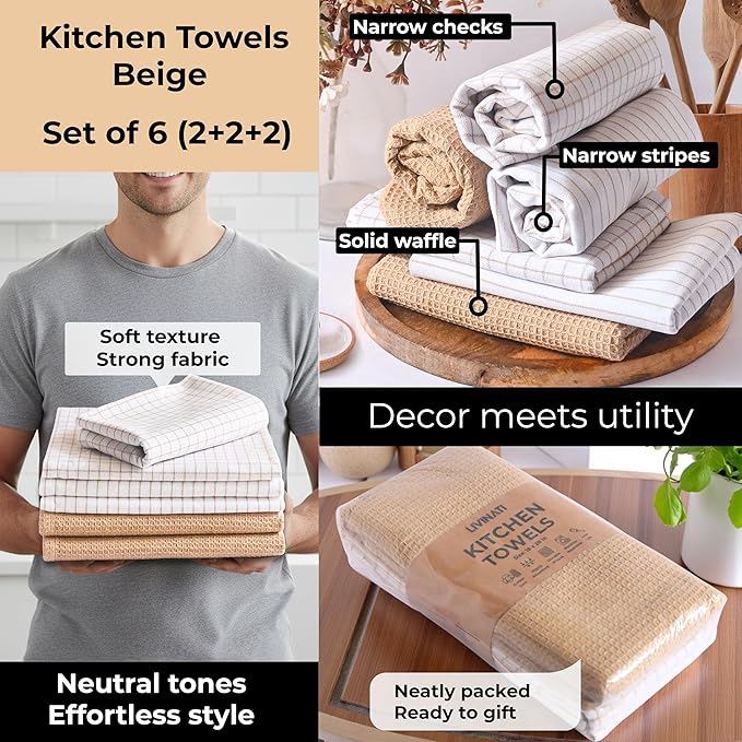 Highly Absorbent Cotton Kitchen Towels for Drying Dishes - Set of 6 Dish Towels - Narrow Beige Stripes Plaid Waffle Dishtowels - 18"X28" Large Lint Free Linen Tea Hand Bulk T Towls