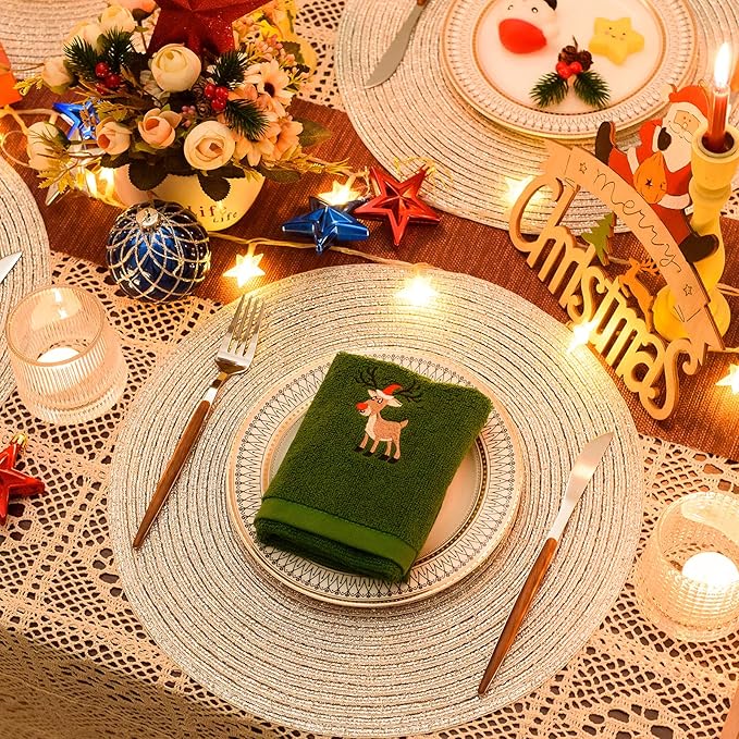 FunWheat Round Braided Placemats Set of 6 Table Mats for Dining Tables Woven Washable Non-Slip Place mats(Shining Sliver, 6pcs)