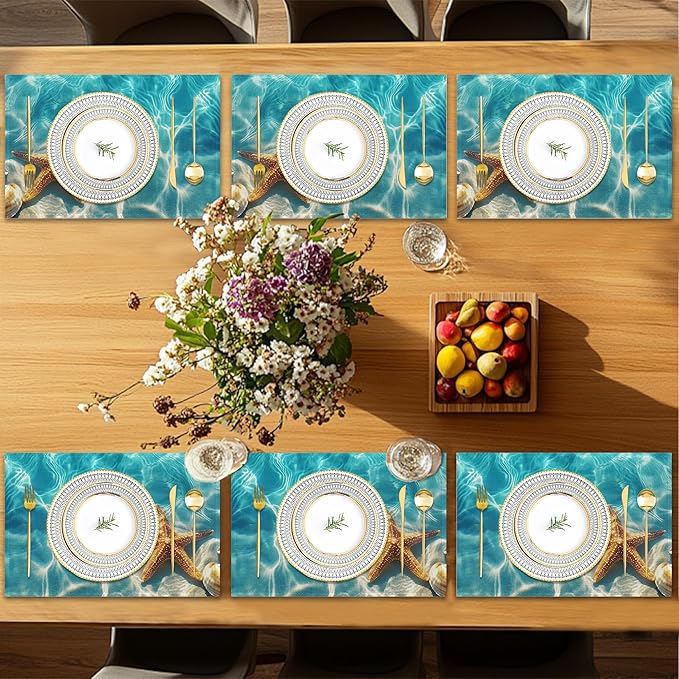 Placemats Set of 6,Starfish Shells Table Mats,Sea Beach Washable Linen Table Mats,Non-Slip Heat Resistant Placemats for Party Kitchen Dining Indoor Outdoor 12"x18"