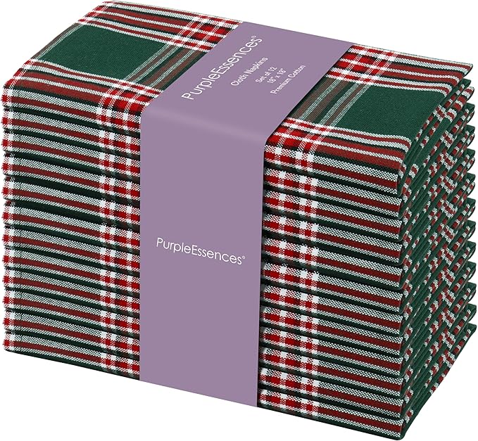 PurpleEssences Tartan Plaid Cloth Napkins - Mitered Corners - Spring Easter Summer - Scottish Check Dinner Napkin - Set of 12-100% Cotton - 18x18 Inch - Reusable Washable - Green