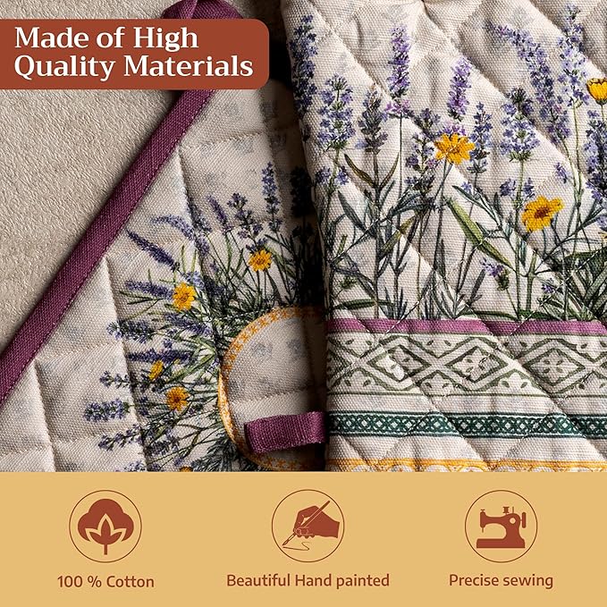 Maison d' Hermine 100% Cotton Oven Mitt & Pot Holder Set (7.5"x13" & 8"x8") Heat Resistant BBQ Cooking Gloves with Loop Baking Grilling Kitchen Gifts for Mothers Day Spring/Summer(Fanny Lavender)
