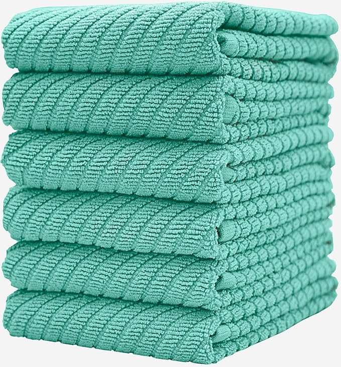 Premium Kitchen Towels (16”x 25”, 6 Pack) | Large Cotton Kitchen Hand Towels | Dish Towels | Diagonal Weave Design | 445 GSM Highly Absorbent Tea Towels Set with Hanging Loop | Aqua
