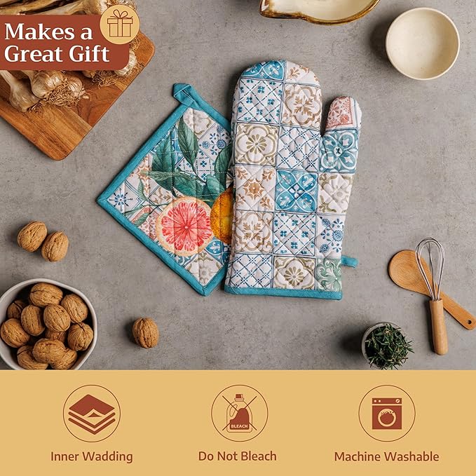 Maison d' Hermine Pot Holders 100% Cotton Heat Resistant Potholders 8" x 8" Hot Pads with Loop BBQ Cooking Baking Gifts for Mothers Day Handling Hot Pans Spring/Summer (Pack of 2, Agrume)