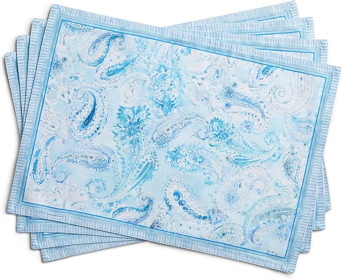 Maison d' Hermine Placemat 100% Combed Cotton Premium Set of 4 Decorative Washable Place Mats Table Cloth Placemat, Dining, Kitchen, Parties & Camping - Paisley Blues (13"x19")