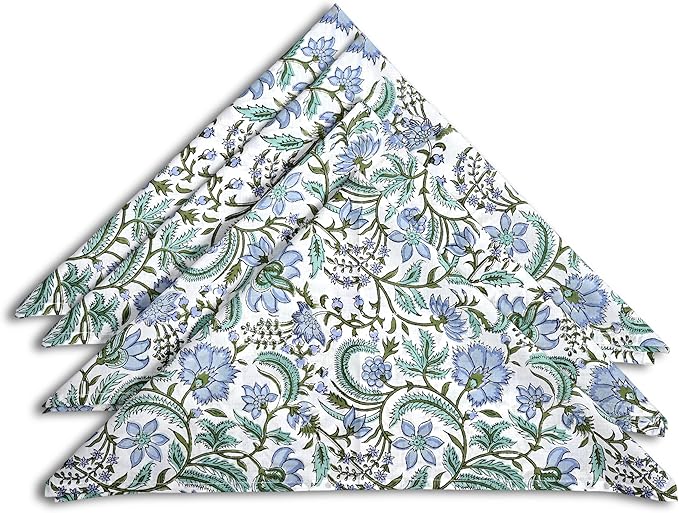 Ridhi Columbia Blue Hand Block Print 100% Cotton Napkins 18" x 18" (Set of 4) Reuseable Kitchen Napkins Cloth Decor Dinner Party Wedding Cocktail Gift for Spring, Easter, Valentine
