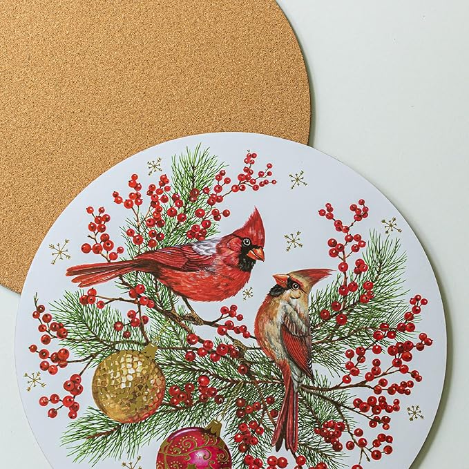 Benson Mills Cork Placemats Set of 4, Thick Cork Place Mats for Kitchen and Dining Tables, Easy Clean Table Mats for Christmas, Winter, and Holidays (13.75" Round Set of 4, Festive Cardinals)