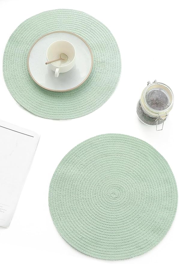Floroom 15 Inch Round Braided Placemats Set of 4, Washable Heat Resistant Cotton Polyester Circle Place Mats for Kitchen Dining Table - Sage Green