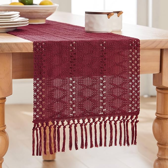 ZeeMart Macrame Style Boho Table Runner, Burgundy Red Table Runners 36 Inches Long, Farmhouse Woven Home Decor, 12x36 Inch, Burgundy