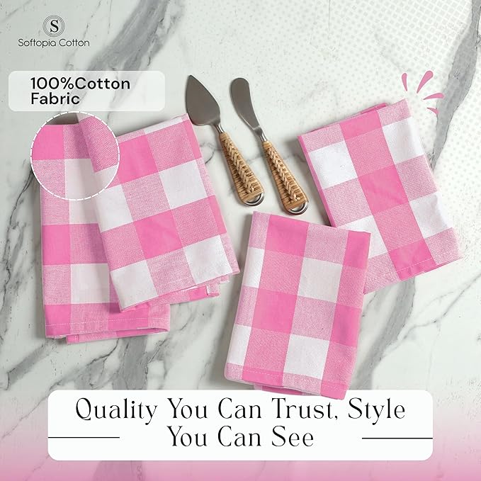 Pink Buffalo Plaid Cloth Napkins 4 Pack, 16x16 Inches, 100% Cotton, Soft, Durable Fabric, Washable Checked Table Linen for Easter Brunch, Spring Parties, Dining, Rose Pink and White