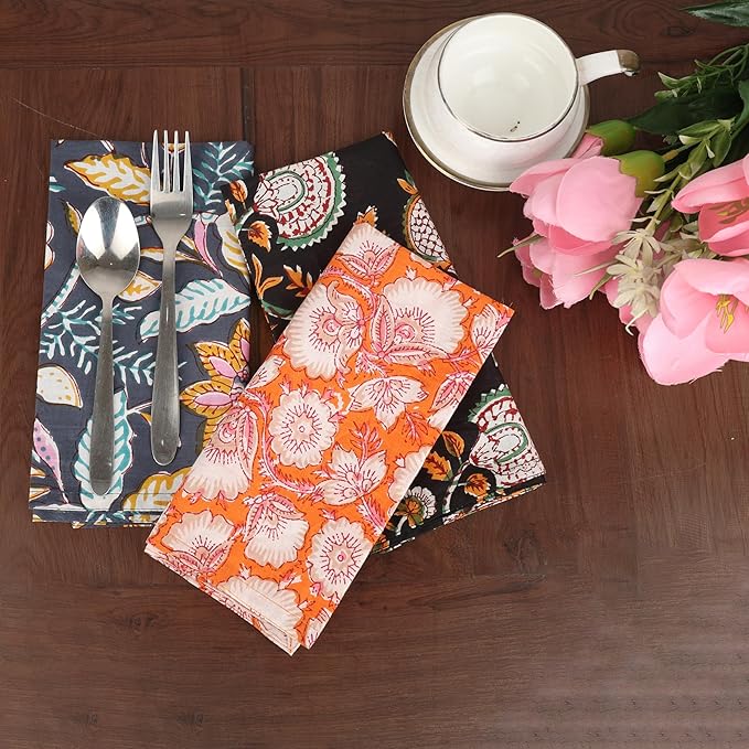 Marubhumi 10 Pc Cotton Cloth Napkins- Hand Block Print, Eco-Friendly, Dinner Napkins, Floral,Hand Made Size 16x16 Inch Printed Home Decor Multicolored
