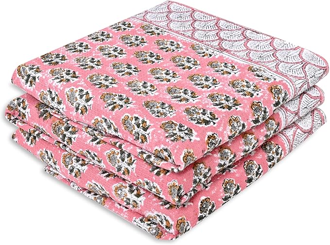 CPC Poppy Pink Hand Block Print Waffle Kitchen Towel Set of 3-16 x 28 Inch Ultra Absorbent Quick Dry Cotton Dish Towels Lightweight Reusable Sustainable Tea Towels for Cleaning and Drying