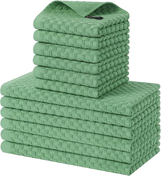 Homaxy 100% Cotton Kitchen Towels and Dishcloths Set, 12 x 12 & 15 x 25 Inches, Set of 12 Bulk Terry Cloth Dish Towels, Super Soft and Absorbent Hand Towel with Hanging Loop, Grass Green