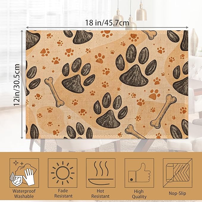 Dog Paws Placemats Set of 6,Bones Table Mates Non-Slip Heat Resistant Washable Linen Place Mats for Party Kitchen Dining Decoration Indoor Outdoor 12"x18"