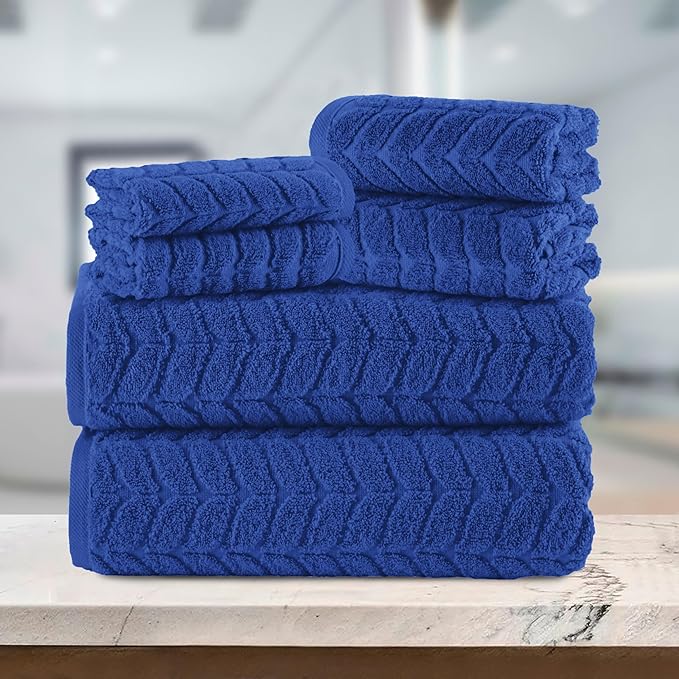 Elegant Comfort Luxury 6-Piece 100% Turkish Cotton Jacquard Braided Textured Premium Hotel Quality Towel Set– Soft and Absorbent, Includes 2 Bath Towels, 2 Hand Towels and 2 Washcloths, Royal Blue