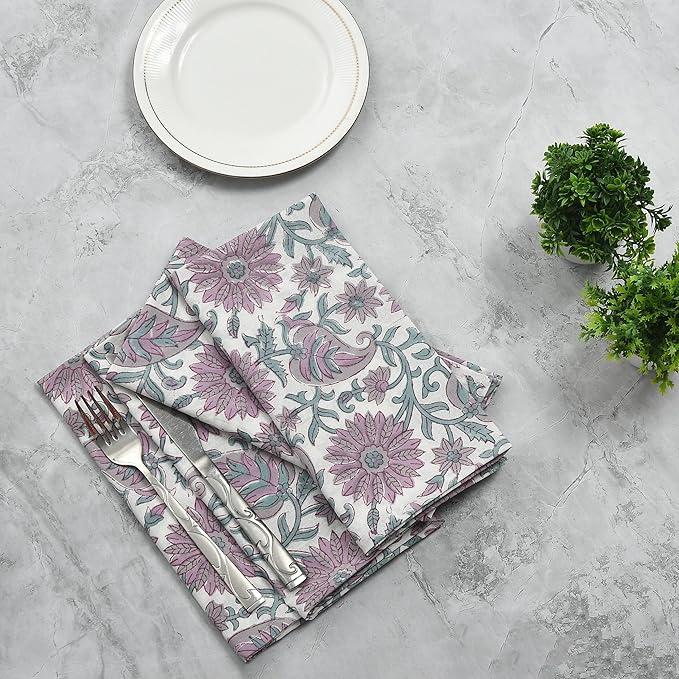 CPC Cloth Napkins 100% Cotton Set of 4 Reusable Napkins, Indian Block Print Toile Floral Dinner Napkin, Fall Thanksgiving Christmas Holiday Party Gift - Soft Absorbent Napkin, 18"x18" Lavendar Flower
