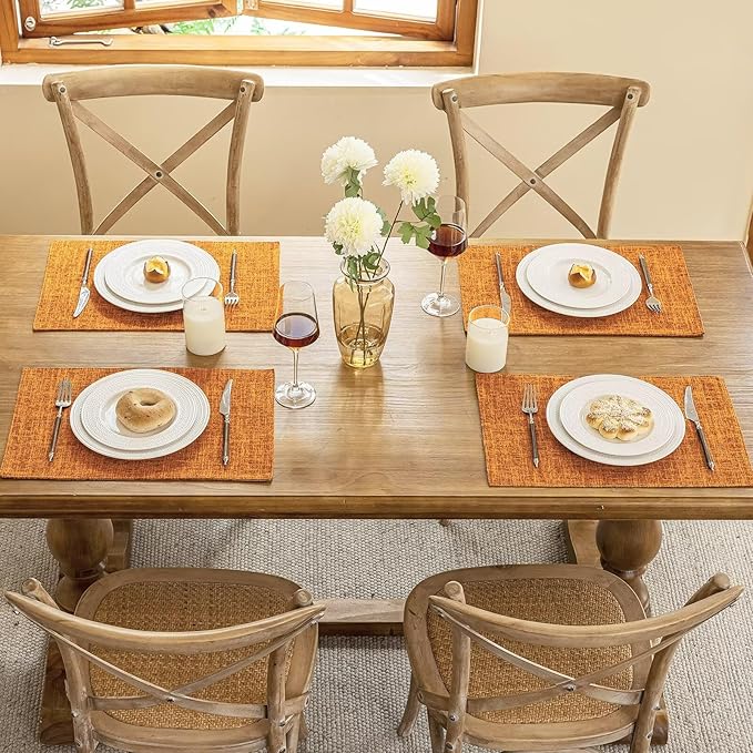 Blue Forest Placemats Set of 8, Dual-Layered Thickened Faux Linen Cloth Place Mats Heat Resistant Machine Washable Wrinkle Free Table Mats Indoor/Outdoor (Orange)