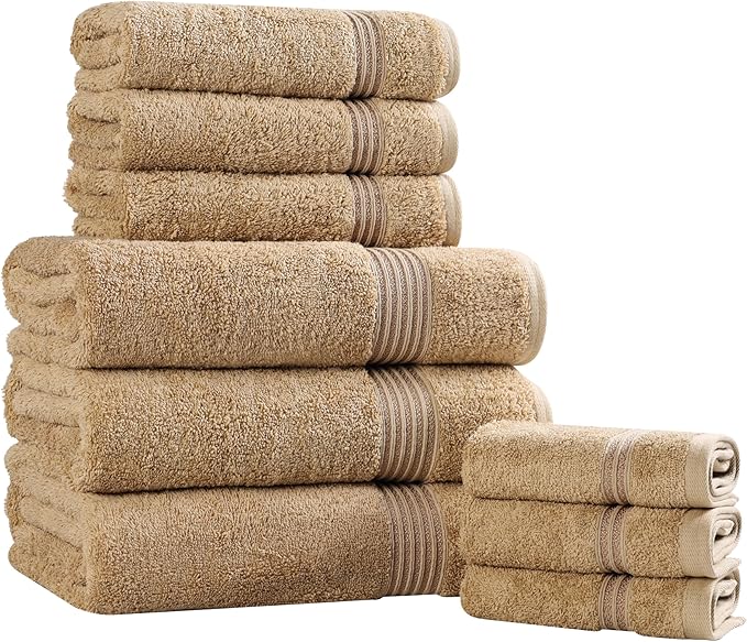 Superior Egyptian Cotton 9-Piece Towel Set, Assorted Towels for Home Bathroom, Guest Bath Decor Essentials, Includes 3 Bath, 3 Hand, 3 Face Towels/Washcloths, Quick Dry, Absorbent - Toast