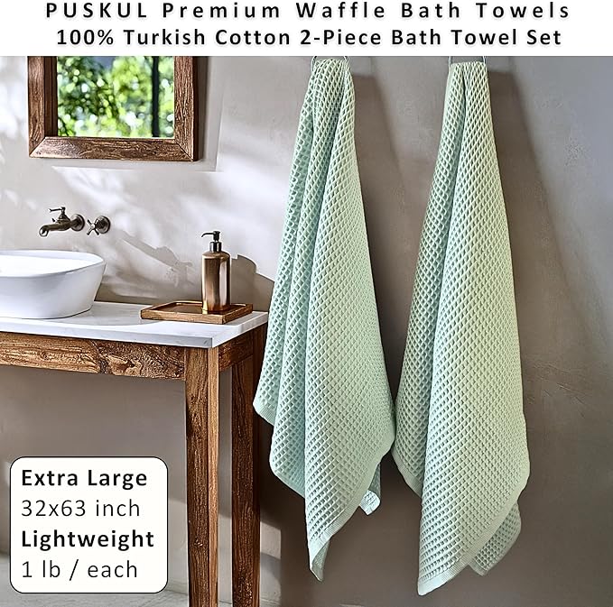 PÜSKÜL Natural 100% Turkish Cotton Waffle Bath Towels Set of 2-Piece | 32x63 inch Extra Large Absorbent Quick-Dry Lightweight Spa Towel | Luxury Sauna Accessories (Ice Green Bath Towels - Pack of 2)