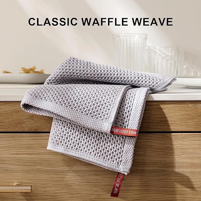 joybest Cotton Kitchen Dish Cloths, 8-Pack Waffle Weave Ultra Soft Absorbent Dish Towels Washcloths Quick Drying Dish Rags, 12x12 Inches, Light Gray