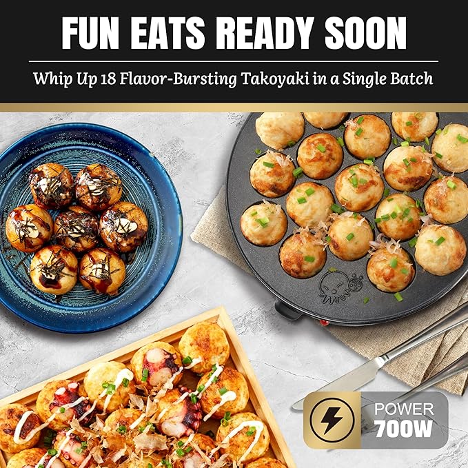FineMade Takoyaki Maker Pan with Temperature Control, Tools and Recipes, Make 18 Japanese Octopus Balls at once, Easy to Use and Store