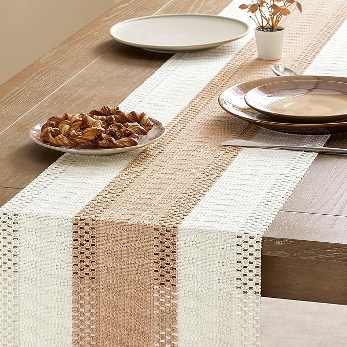 ZeeMart Macrame Style Bicolor Stitching Table Runner, 14 x 108 Inch Beige/Ivory, Boho Light Tan Table Runners 108 Inches Long, Farmhouse Woven Home Decor