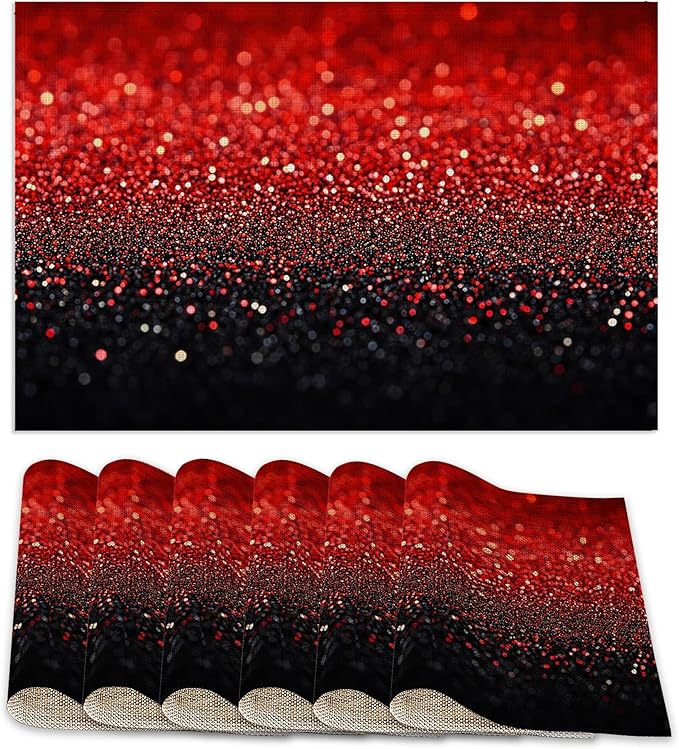 Placemats12x18 Inch,Red Black Gradienr Placemats,Glitter Kitchen Dining Coffee Table Mats Set of 6 for Home Indoor Outdoor Party