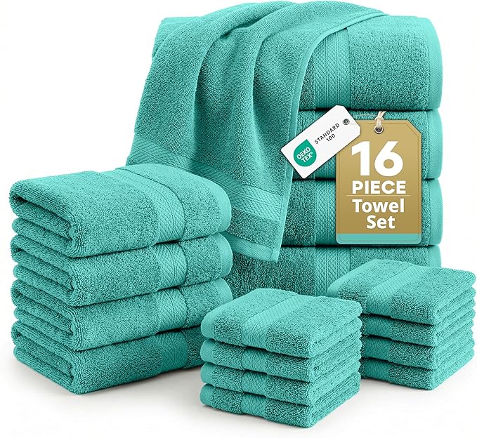 LANE LINEN 100% Cotton Bath Towel Set - 16 Pieces - Softer, Durable & Highly Absorbent - 4 Bath, 8 Wash cloths, 4 Hand Towels for Bathroom - Family Set, Premium Quality & OEKO-TEX Certified - Teal