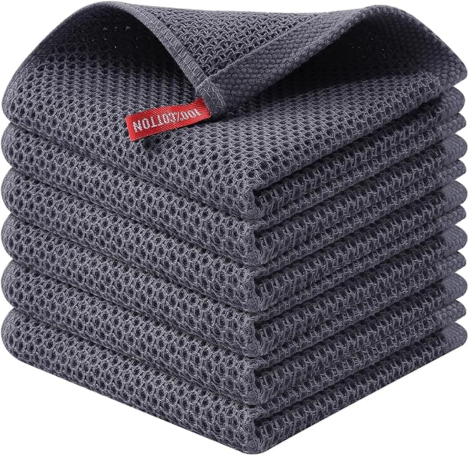 Kitinjoy 100% Cotton Kitchen Dish Cloths (12 X 12 Inches, Dark Grey), 6 Pack Waffle Weave Ultra Soft Absorbent Dish Towels for Drying Dishes Quick Drying Kitchen Towels Dish Rags