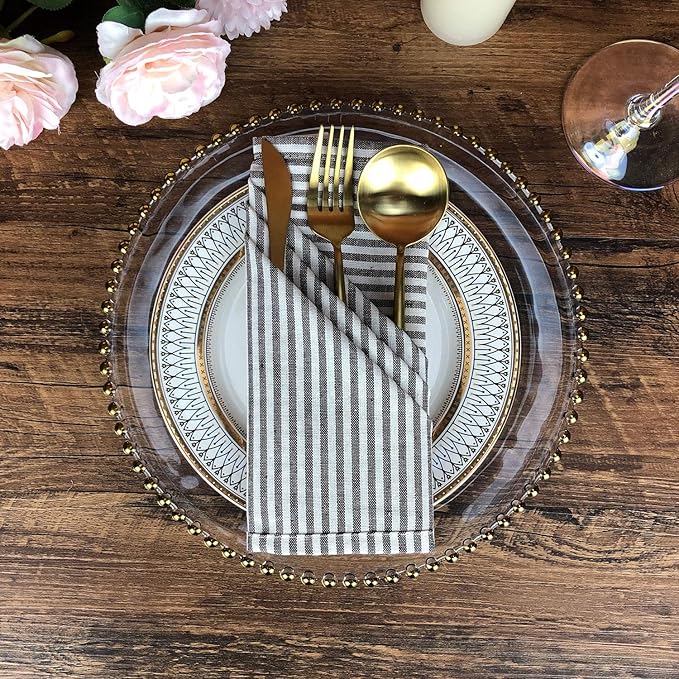 Plain Striped Cotton Linen Blended Dinner Cloth Napkins - Set of 12 (40 x 30 cm) - for Events & Home Use (Brown)