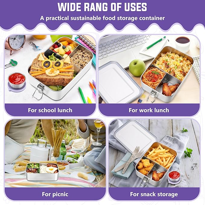 HaWare Lunch Box, 47oz (1400ml) Large Stainless Steel Bento Box with Condiment Container and Carrying Bag, 3 Compartment Food Container for Kids and Adults, Leak-Proof Metal Snack Box, Dishwasher Safe