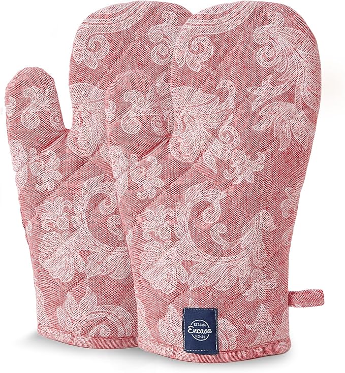 Encasa XO Oven Gloves Heat Resistant | Microwave Cooking Mittens for Baking & Kitchen Use | 12x7 in | Cotton Utensil Holder - Chambray Fabric (Pack of 2, Red)