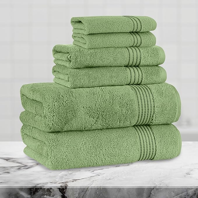 Mocassi Luxury 100% Turkish Cotton 6-Piece Towel Set - Ultra Soft, Quick Dry Highly Absorbent Premium Spa Hotel Quality Bath Towels, Includes 2 Bath Towels, 2 Hand Towels and 2 Washcloths, Sage