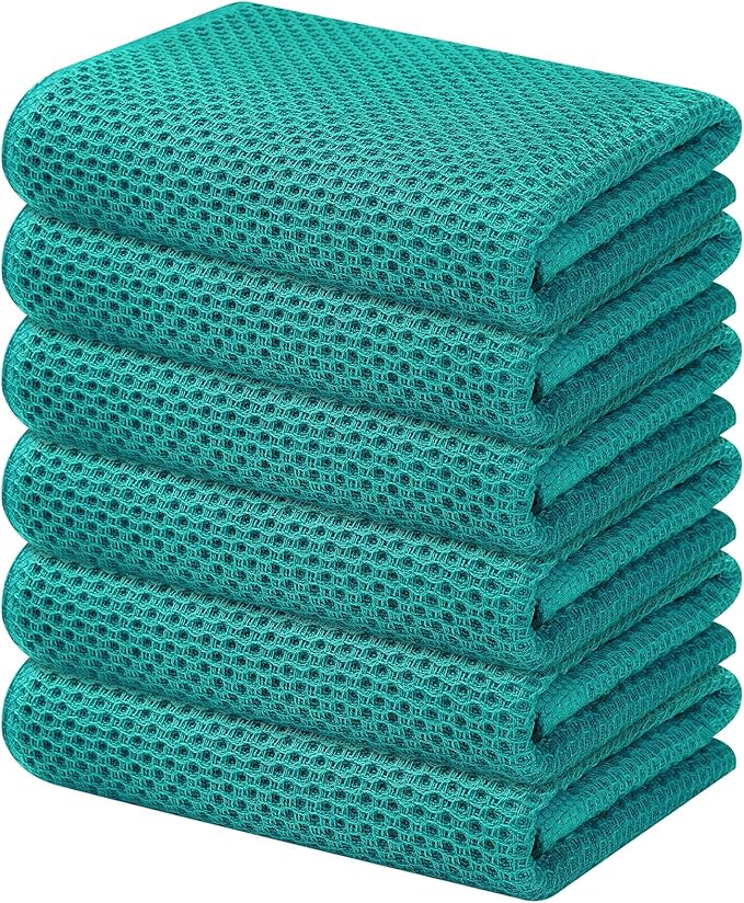Kitinjoy 100% Cotton Waffle Weave Kitchen Hand Towels (13 X 28 Inches, Teal), 6-Pack Super Soft and Absorbent Dish Towel for Drying Dishes