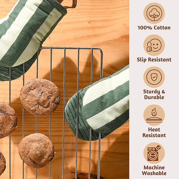 Folkulture Oven Mitts - Set of 2 (5.75"x9") | Oven Mitts with Hanging Loop for Cooking Gifts for Women, Kitchen Decor| 100% Cotton, Silicone Heat Resistant Mini Mitts - House Warming Gifts (Matcha)