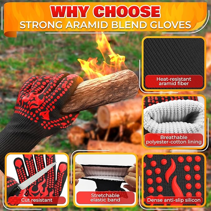 BBQ Gloves - 1472 °F 6 Sec. Heat Resistant Gloves for Cooking Made of Aramid Fabric with Anti-Slip Silicone, Double-Layer Insulation, and Elastic Band - for Grilling, Baking and Kitchen Use