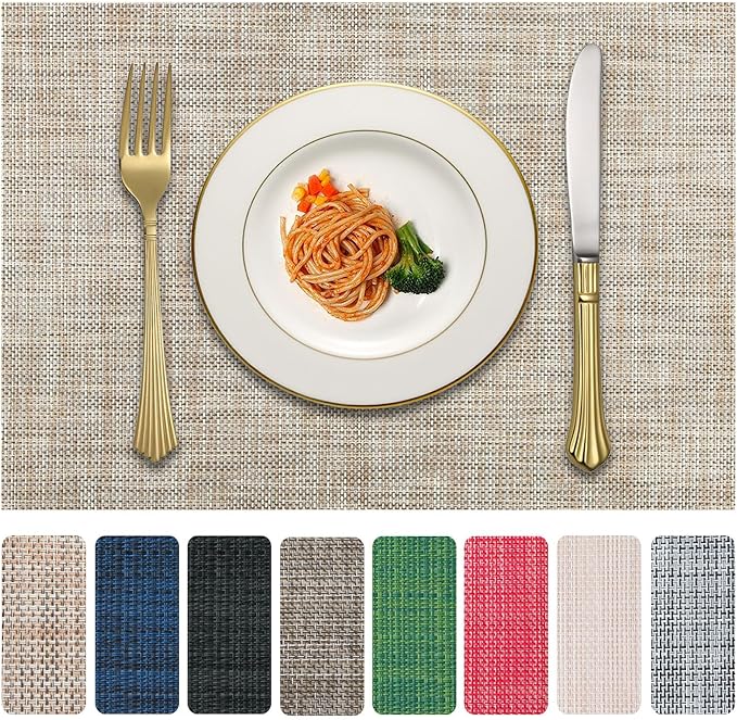 Vinyl Placemats Set of 8, PVC Woven Washable Non-Slip Table Mats, Heat Resistant Wrinkle Free Place Mats for Dining Table, Easy to Clean (8, Caramel)
