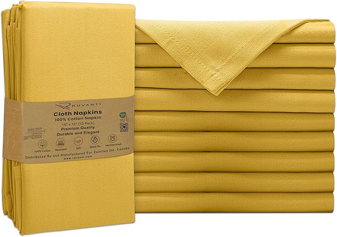 Ruvanti Cloth Napkins Set of 12, 100% Cotton High GSM 18x18 Inches Soft, Washable, Highly Durable & Absorbent, Perfect for Parties, Christmas, Thanksgiving Dinners – Spicy Mustard
