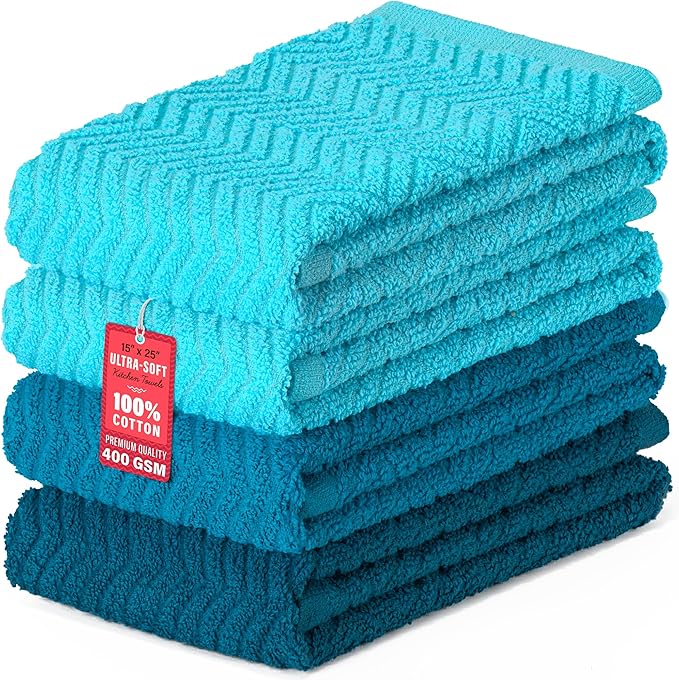 DecorRack 100% Cotton Kitchen Towels, 15" x 25" Absorbent Dish Towels [Premium Quality 400 GSM] Blue (Ocean Set, Pack of 4)