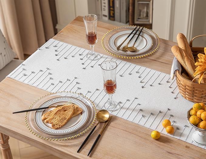 Boho Table Runner 13 x 108 Inch Long Natural Cotton Woven Runner with Tassels for Home Dining Table décor, for Modern Farmhouse Decor Coffee Table Runner, Grey and Beige